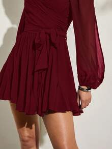 SHEIN BAE 女士轻盈透视蝴蝶结系带灯笼袖开衩纯色连衣裙，适合海滩、度假、日常穿着、约会 - 酒紅色 - 查看 7