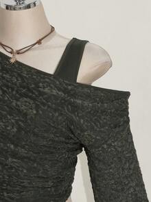 SHEIN ICON 大码斜肩网纱透视针织T恤，军绿色提花网纱透视长袖上衣，Y2K复古针织衫，适合秋季穿着 - 軍綠色 - 查看 7