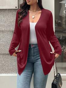 Vionelle Plus Size Women Solid Color Long Sleeve Casual Open Front Knit Cardigan, Autumn Red Cardigan Women Fall Clothes For Women Maroon Outfits For Women Cardigan Women Shrug Plus Size - Burgundy - View 4