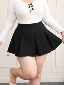 CovetEZ Plus Size Women's Solid Color Pleated Mini Skirt - Black - View 5