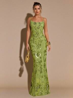 SHEIN BAE Vestido maxi con tirantes de lazo, espalda descubierta, bordado floral 3D y lentejuelas en color verde sólido para primavera/verano, vestido de vacaciones, vestido para cita de San Valentín, vestido de dama de honor, vestido de gala de cumpleaños con lentejuelas, vestido maxi con espalda descubierta, adecuado para fiesta, discoteca y ocasión formal