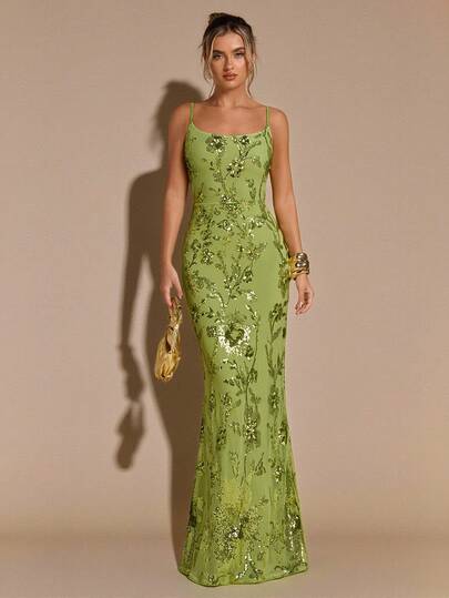SHEIN BAE Vestido maxi con tirantes de lazo, espalda descubierta, bordado floral 3D y lentejuelas en color verde sólido para primavera/verano, vestido de vacaciones, vestido para cita de San Valentín, vestido de dama de honor, vestido de gala de cumpleaños con lentejuelas, vestido maxi con espalda descubierta, adecuado para fiesta, discoteca y ocasión formal