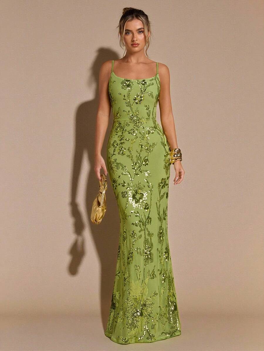 SHEIN BAE 春夏纯绿色 3D 花卉刺绣亮片透视露背系带长裙，度假连衣裙，情人节约会连衣裙，伴娘迷你连衣裙，生日亮片礼服，露背长裙，适合派对、夜总会、正式场合亮片礼服 - 綠色 - 查看 1