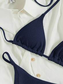 Oceva 2026 春夏女士度假专用面料细肩带露背海军蓝性感丁字裤比基尼两件套泳衣 - 藏蓝色 - 查看 3