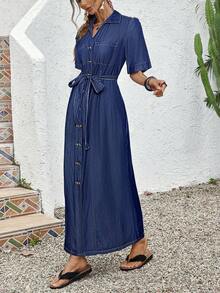 EMERY ROSE 女式短袖单排扣蓝色牛仔衬衫裙 - 中等水洗藍 - 查看 3