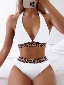 Swim Basics Bộ đồ bơi nữ 2025, Họa tiết ngẫu nhiên, Bản quyền mua Bikini hai mảnh Leopard Bikini Bộ bikini cạp cao - trắng - Xem 3