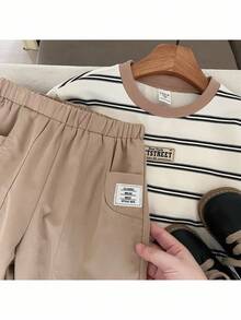 2pcs/Set Young Boy Knit Striped Crew Neck Casual Sweatshirt And Woven Long Pants Outfit Fall Winter - Multicolor - View 5