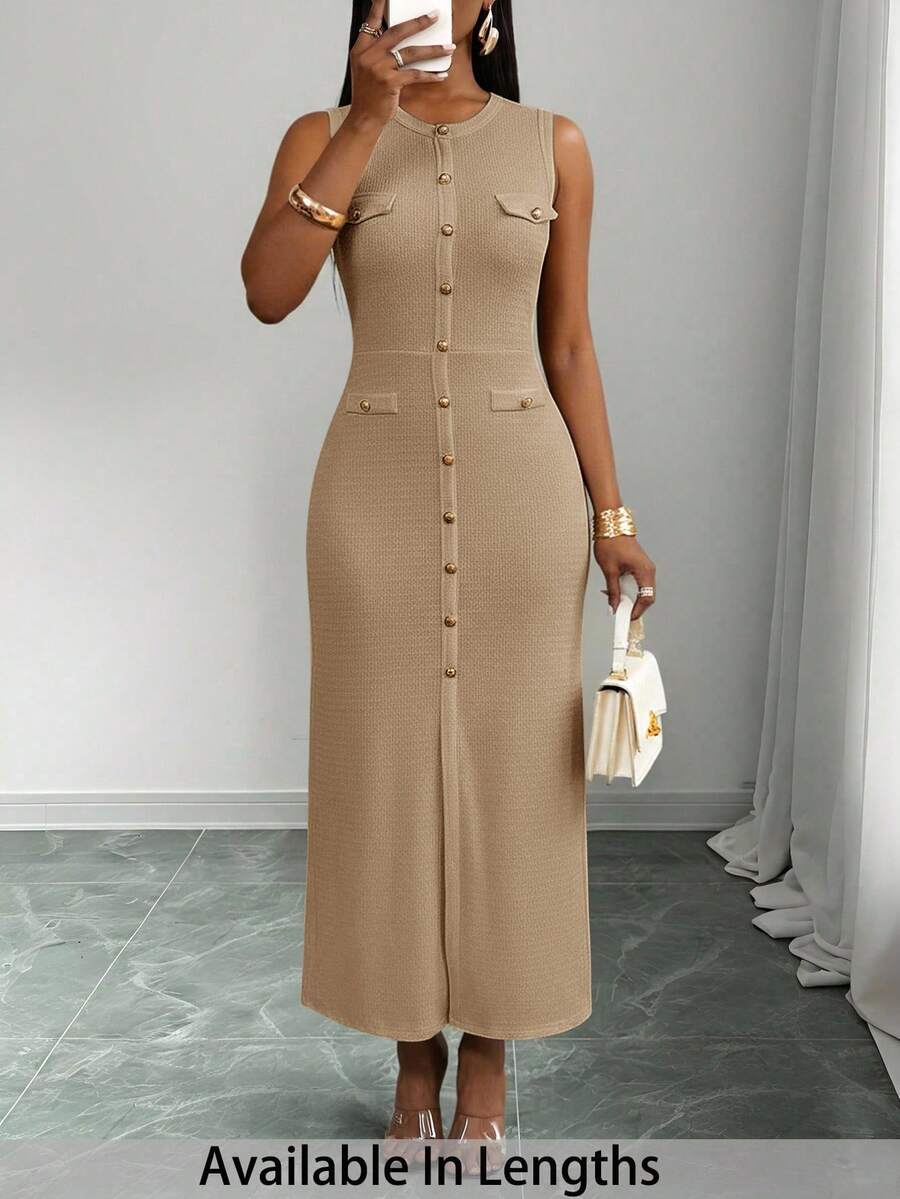 SHEIN PETITE CURVE Plus Size Women Button Design Sleeveless Solid Color Casual Dress