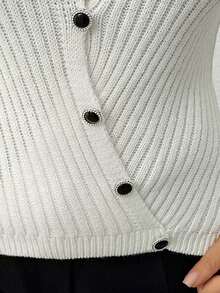 EURMUSE Women Solid Color Rib Knit Round Neck Button Detailed Pullover,Jumper,Cream Jumper,Jumpers,Black Jumper,Womens Jumper,White Jumper,Women's Jumper,Women's Jumpers,Winter Clothes - Cream - View 6