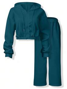 INAWLY Women's Solid Color Zip Front Hoodie And Pants Casual 2 Pieces Set, Autumn - Teal Blue - View 3