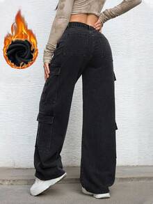 SHEIN EZwear Women's Summer Zipper Fly Flap Pocket Cargo Jeans - Black - View 2