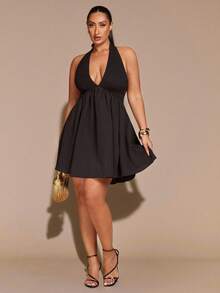 SHEIN BAE Plus Size Black Woven Drawstring Waist A-Line Backless Dress,Women Elegant Formal Evening Summer Sundress,Night Out Club Birthday Wedding Guest Outfit - Black - View 9