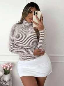 Xyvia 优雅休闲咖啡色和米色条纹长袖高领性感针织毛衣，适合通勤，秋冬 - 咖啡棕 - 查看 1