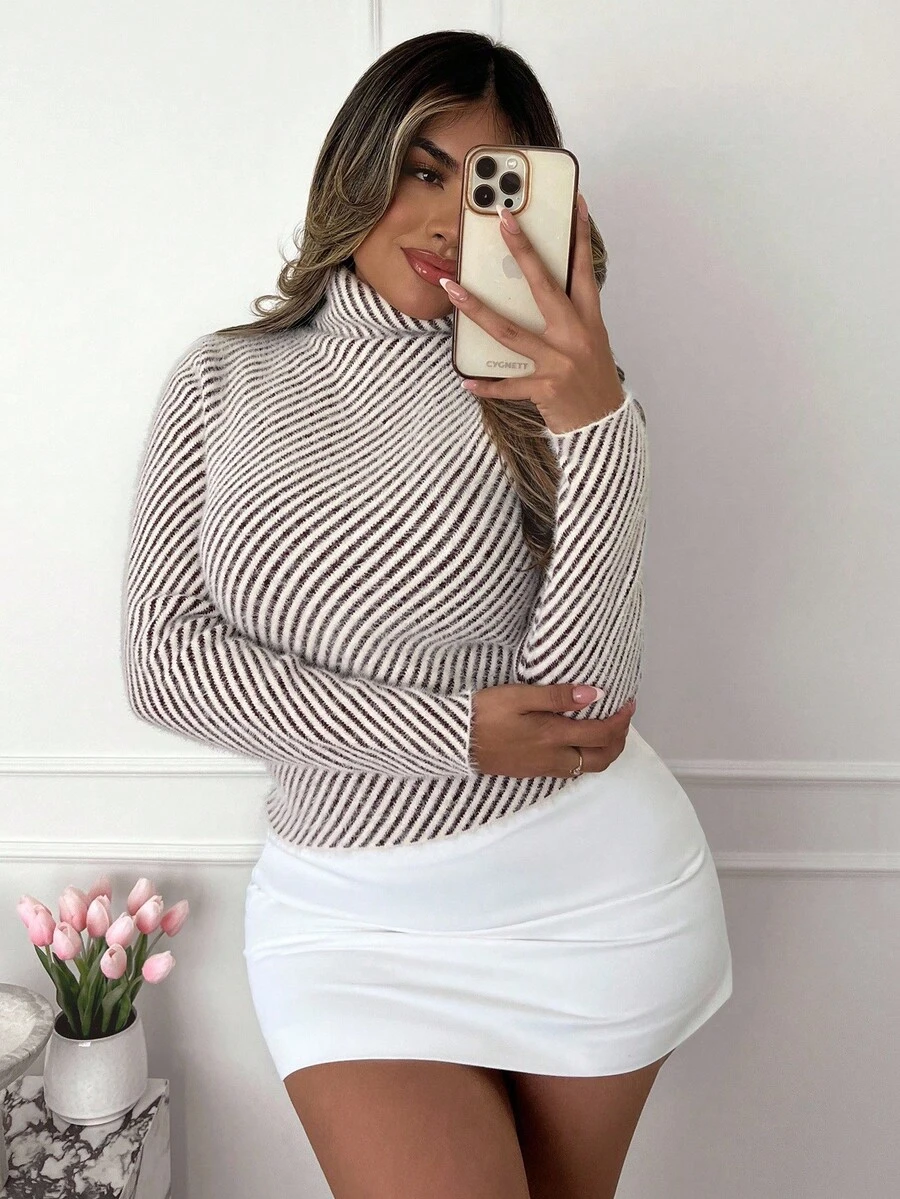 Xyvia 优雅休闲咖啡色和米色条纹长袖高领性感针织毛衣，适合通勤，秋冬 - 咖啡棕 - 查看 1