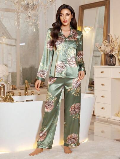 LuxeNights Satijnen Bloemen Print Elegante Lapel Collar Long Sleeve Pajama Set, Fall Clothes view 6