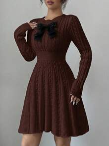 Elenzga 女式拼色蝴蝶结装饰圆领长袖毛衣裙 - 咖啡棕 - 查看 5