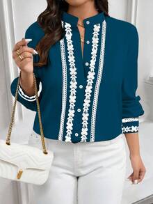 EMERY ROSE Áo sơ mi dài tay cổ và tay áo viền màu tương phản cỡ lớn mặc thường ngày/đi làm - Màu xanh ngọc - Xem 8