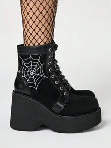 ROMWE Grunge Punk Sepatu Bot Ankle Wanita Hak Tebal, Gaya Gothic Punk dengan Bordir Jaring Laba-laba, Tali Pengikat dan Resleting Belakang, Sepatu Bot Ankle Motor Platform Hak Tinggi Hitam - Hitam - View 4