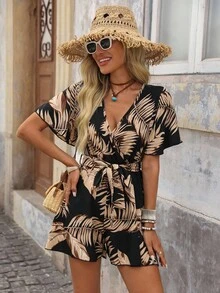 Brillora 女式葉紋圍巾V領連身褲，適用於夏季海灘假期 - 黑與白 - 查看 3