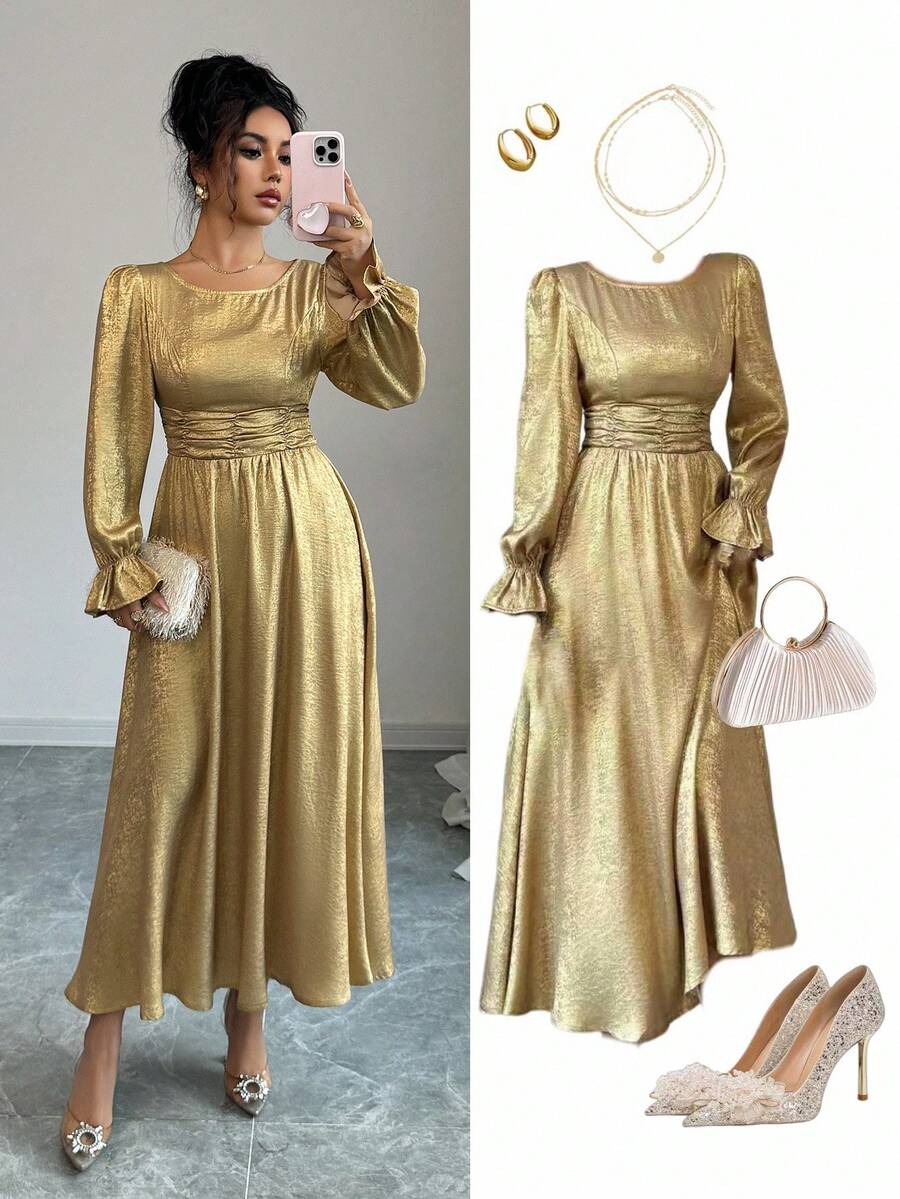 Elenzga 女士编织优雅长款秋季金色连衣裙 - 金色 - 查看 1