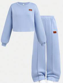 SHEIN 青少年女孩休闲宽松舒适圆领长袖短款连帽衫和裤子套装 - 淺藍色 - 查看 13