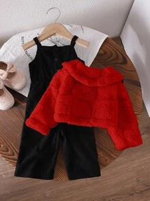 Baby Girl Solid Cami Jumpsuit & Button Front Teddy Jacket Fall Winter - Red - View 2