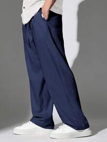 SUMWON 优质阔腿亚麻溜冰裤，腰部抽绳，现代阔腿风格，宽松度假服，夏季春季休闲沙滩休闲服 - 藏蓝色 - 查看 2
