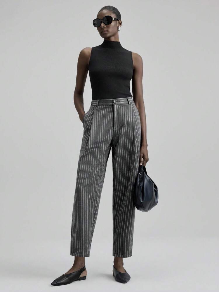 2025 New Arrival Women's Black & White Striped Pants, Suitable For All Seasons, Autumn/Winter, Halloween, Christmas, Oktoberfest, Casual, Business, 3/4