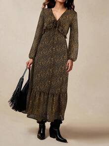 Florisole 女式优雅休闲佩斯利花纹荷叶边下摆长袖收腰连衣裙 - 咖啡 - 查看 5