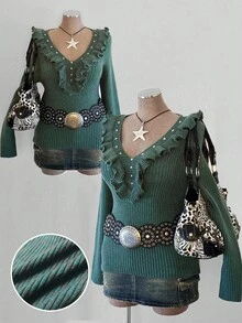 Sunspun Autumn/Winter Fashion Ruffled Collar Beaded Decor Pullover Sweater - Mint Green - View 1
