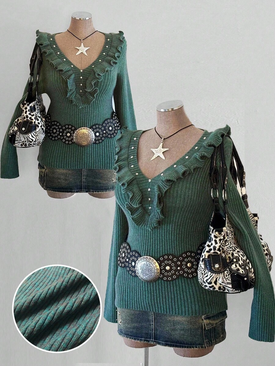 Sunspun Autumn/Winter Fashion Ruffled Collar Beaded Decor Pullover Sweater - Mint Green - View 1