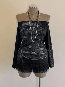 Sweetra Sunspun-D Camiseta de manga larga con estampado de letras de moda, de corte ajustado, con diseño de hombros descubiertos, vintage, audaz y vanguardista, adecuada para uso diario, estilo universitario, Halloween, para mujeres de talla grande - Negro - Ver 3