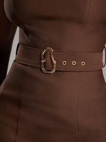 NYA SZN 短袖修身连衣裙，紧身腰带细节，办公室教师商务休闲装，返校季简约迷你长款秋季女装 - 棕色 - 查看 5