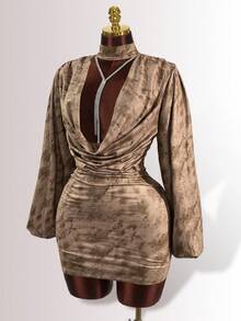 INAWLY Váy ngắn ôm sát cổ cao tay dài dành cho nữ - Cà phê - Xem 4