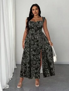 SHEIN Unity Vestido de verano con estampado floral y volantes en el bajo y abertura lateral para tallas grandes - Blanco y Negro - Ver 5