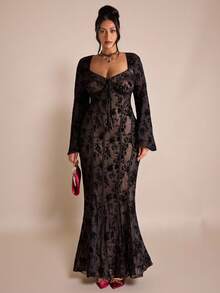 SHEIN BAE Plus Size Women's Black Jacquard Formal Evening Dress,Elegant Autumn Long Sleeve Corset Dress For Party & ,Halloween Birthday Concert Outfits - Black - View 6