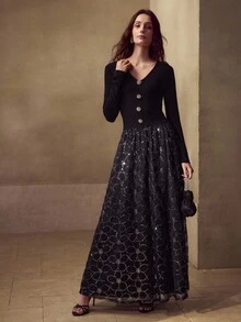 MOTF PREMIUM VESTIDO LARGO CON CUELLO EN V, DETALLES DE PEDRERÍA Y PATRÓN FLORAL DE LENTEJUELAS EN CONTRASTE - Negro - Ver 4