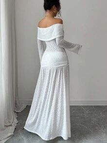 Gloray Vestido de vacaciones minimalista francés con hombros descubiertos y tela texturizada - Blanco - Ver 2