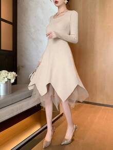 DAZY Women's Autumn Patchwork Asymmetrical Hem Waist Cinched Sweater Dress