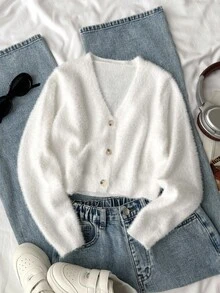 SHEIN Genkimix Kids Tween Girl Solid Color Long Sleeve Single-Breasted Loose Knit Cardigan. Suitable For Quality Time With Parents, Attending Gatherings, Outdoor Activities, Holiday Celebrations Like Halloween And Christmas, Also Great For Outfit Shots - White - View 6