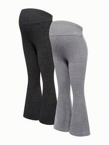 SHEIN Autumn And Winter 2pcs Maternity High Stretch Adjustable Waist Flare Leggings - Multicolor - View 9