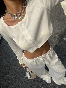 Chiquease 2pcs Set: Apricot Front Button Long Sleeve Top And Elastic Waist Pants - Apricot - View 1