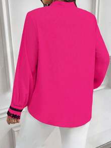 EMERY ROSE Plus Size Contrast Color Trim Collar & Cuff Casual/Work Wear Long Sleeve Shirt - Hot Pink - View 2