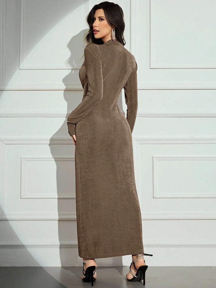 Modelyn Women Elegant Metal Accent Waist Fitted Long Sleeve Dress, Autumn Long Evening Dresses - Khaki - View 2