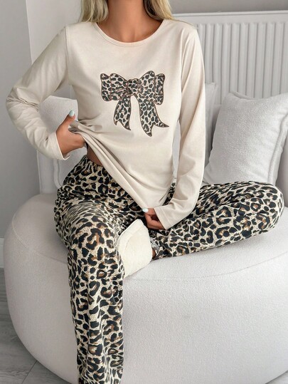 Ensemble de pyjama femme à manches longues avec nœud et imprimé léopard