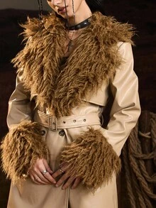 Easelle 风衣卡其色拼接皮草长款毛领秋冬复古 - 卡其色 - 查看 4