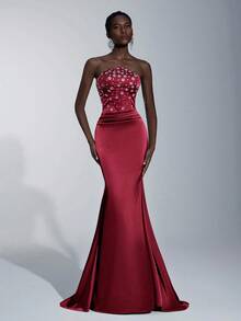 Elitara Elegante vestido largo de sirena con cintura fruncida, con adornos de strass hechos a mano y sin tirantes, adecuado para citas, vacaciones, bodas y eventos formales - Burdeos - Ver 3