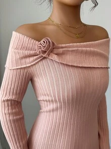 DAZY Women's Elegant Solid Color Off Shoulder 3D Floral Knitted Sweater Dress, Autumn - Pink - View 3