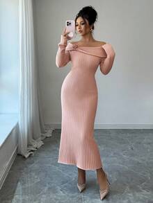 DAZY Women's Elegant Solid Color Off Shoulder 3D Floral Knitted Sweater Dress, Autumn - Pink - View 1