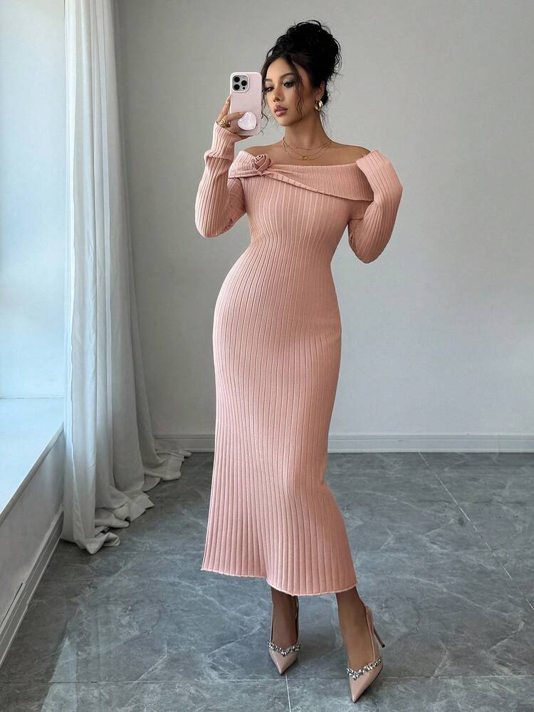 Women's Elegant Solid Color Off Shoulder 3D Floral Knitted Sweater Dress, Autumn